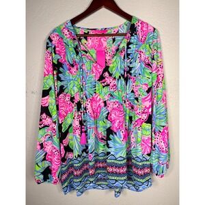 Lilly Pulitzer Marilina Long Sleeve Top Jaguar Jungle Engineer Onyx Size Large